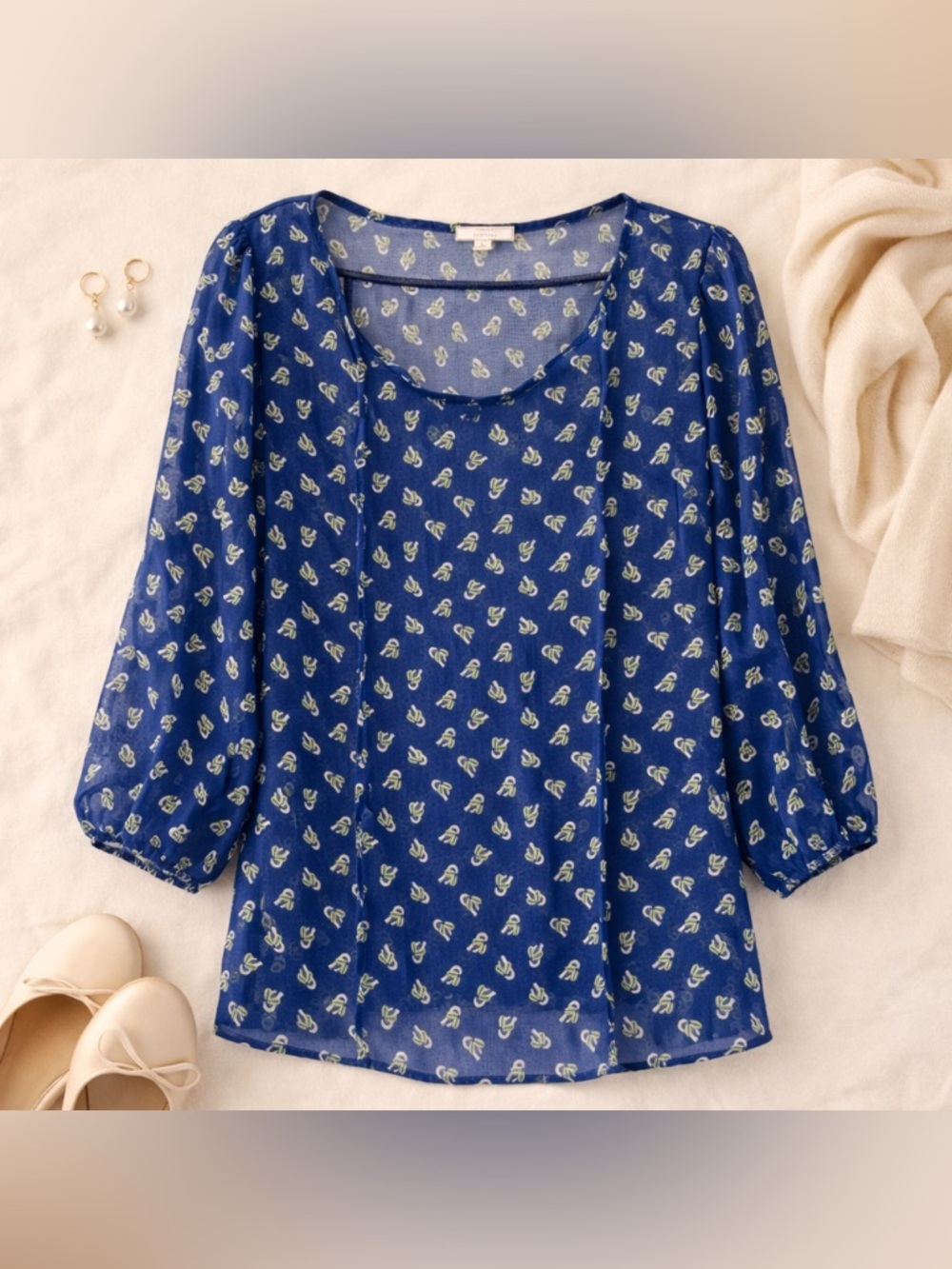 Pleione Blue Floral Sheer Blouse Small Office Feminine Teacher Chic